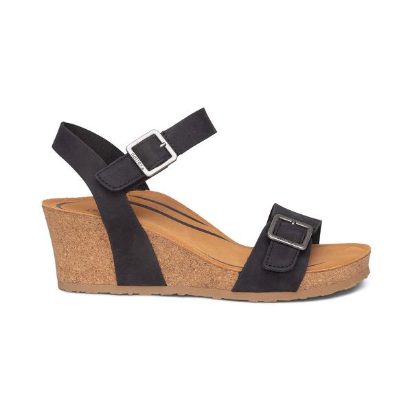 Aetrex Women's Lexa Quarter Strap Wedge Sandals Black Sandals UK 1262-846